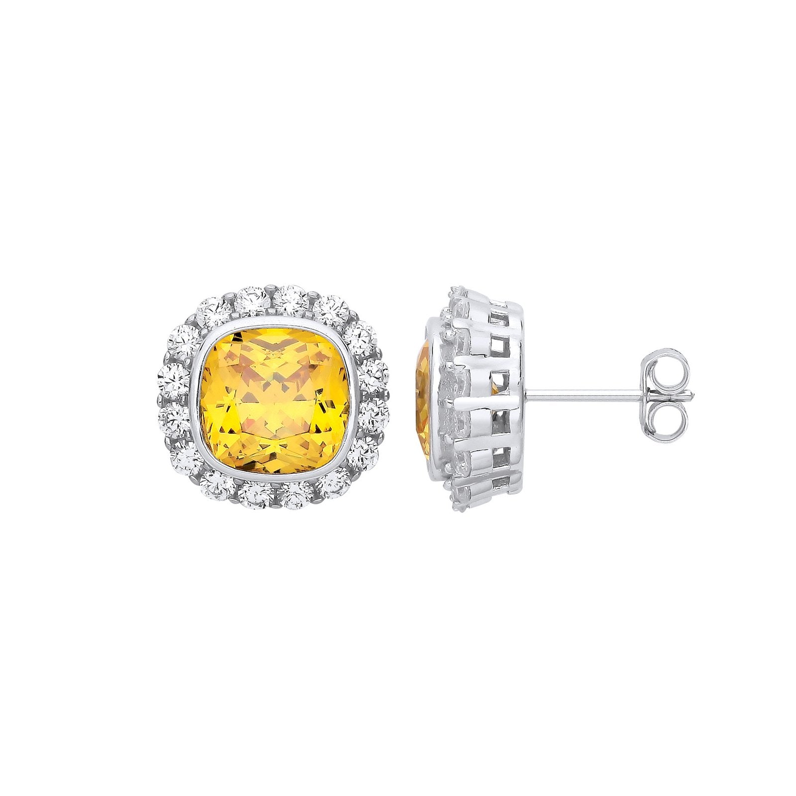 Silver Yellow Cubic Zirconia Halo Stud Earrings - Fine Ring - Certified Authentic - Swiss Mad – Luxury Jewellery by Im